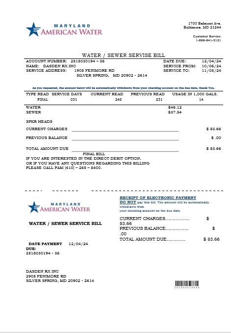 USA Maryland American water business utility bill template in Word and PDF formats
